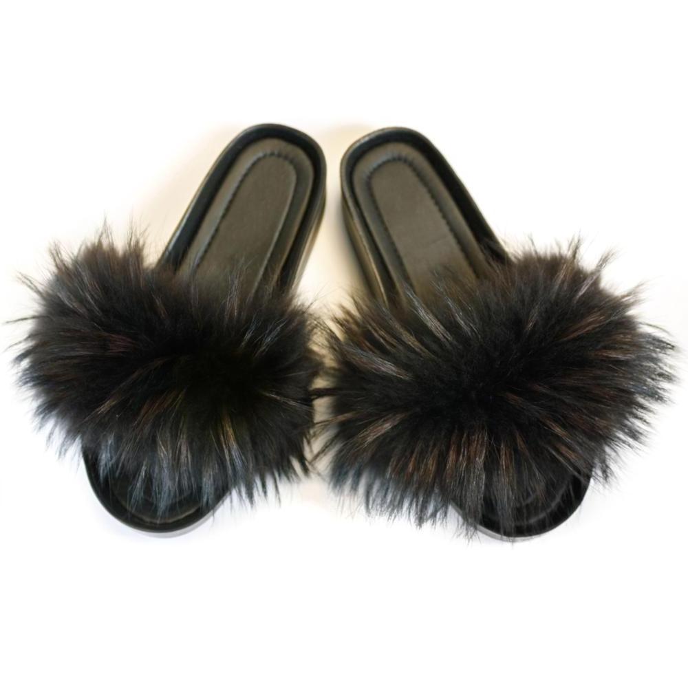 Fashion Soft Fluffy Fox Fur Women's Slides Lady Fur Slippers ladies flat slippers women plush indoor slipper