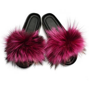 Fashion Soft Fluffy Fox Fur Women's Slides Lady Fur Slippers ladies flat slippers women plush indoor slipper