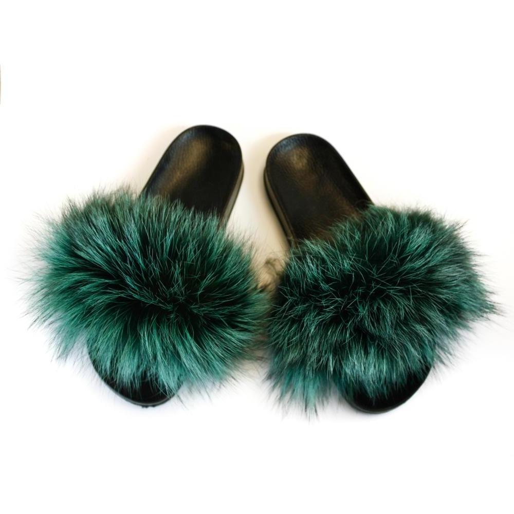 Fashion Soft Fluffy Fox Fur Women's Slides Lady Fur Slippers ladies flat slippers women plush indoor slipper