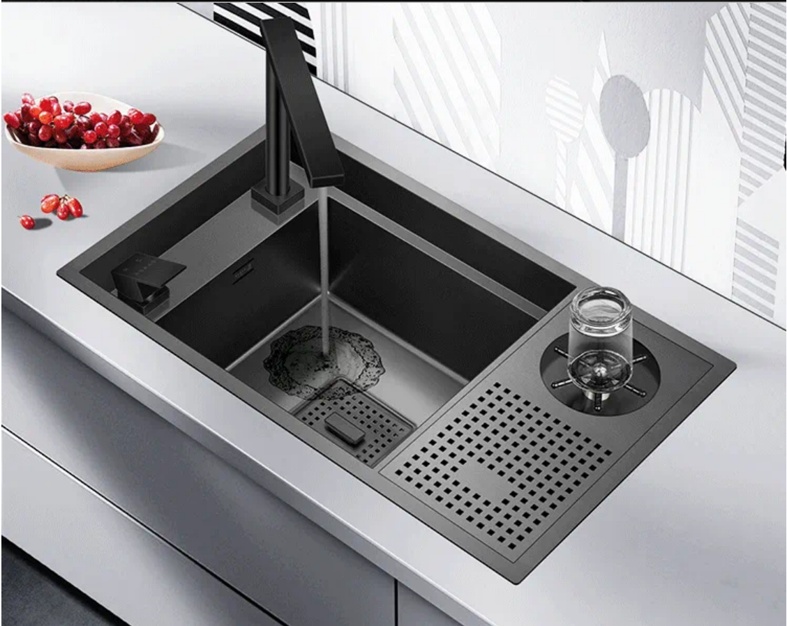 Kitchen Sinks 304 Stainless Steel Waterfall Single Bowl Kitchen Sinks Set Home Workstation Sink Vegetable Basin With Pull-Out Faucet,Pressurized Sink Glass Rinser (Size : 75x45cm/29.5x17.7in - View #6