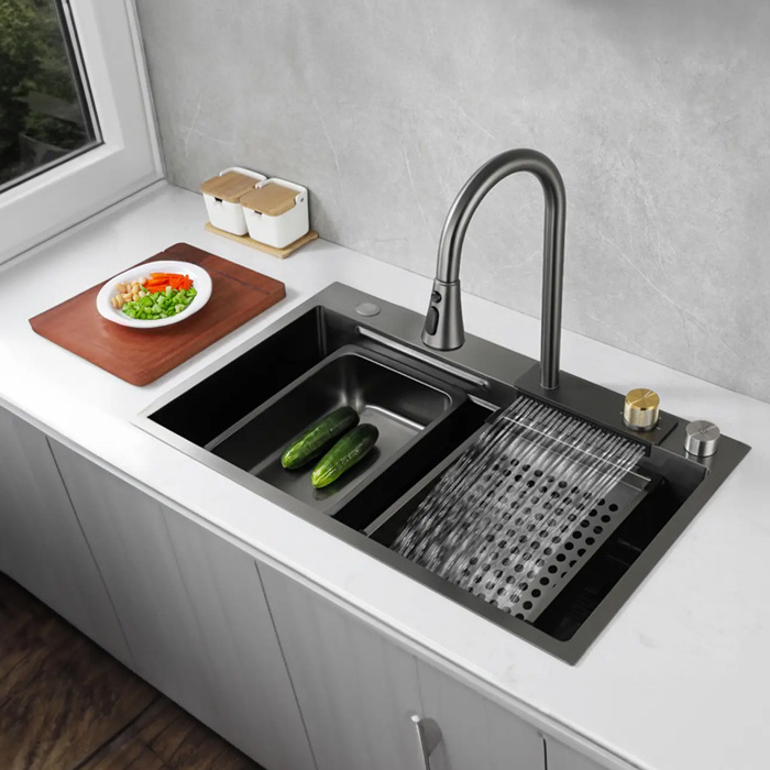 Premium Quality Single Bowl Nano Sink SUS304 Waterfall Pillar Sink Mixer Stainless Steel Contemporary Kitchen Polished 3 Years