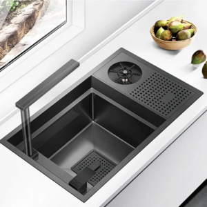 Premium Quality SUS304 Single Bowl Sink with Sprinkler Hole Coating TR-16200 Kitchen Modern Polished for Cup Rinser- Nano Black