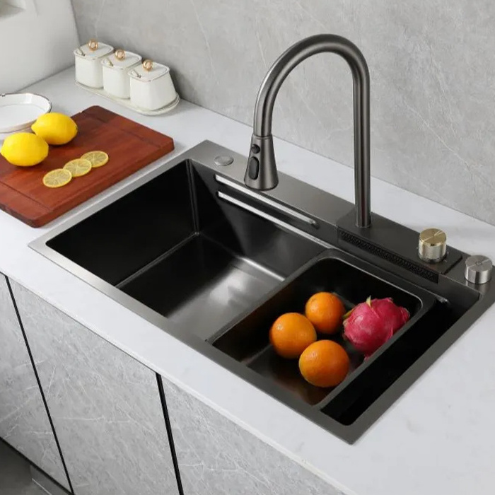 Premium Quality Single Bowl Nano Sink SUS304 Waterfall Pillar Sink Mixer Stainless Steel Contemporary Kitchen Polished 3 Years