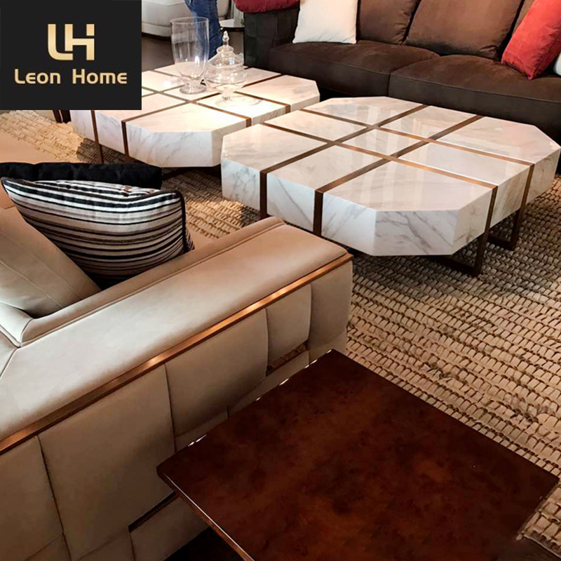 Luxury gold stainless steel leg modern white real marble coffee tables