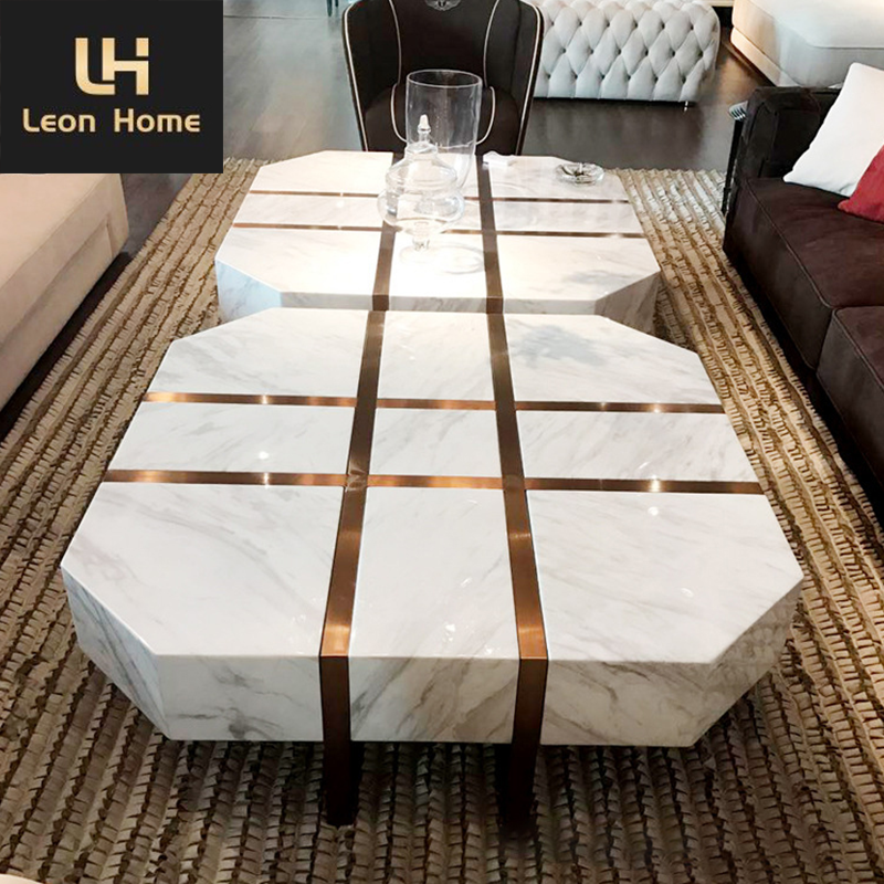 Luxury gold stainless steel leg modern white real marble coffee tables