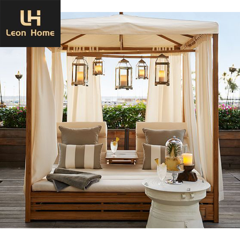 High End Pool Outdoor Garden Sets Solid Wood Teak Daybed Double Chaise Lounge With Canopy Furniture