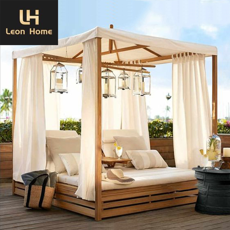 High End Pool Outdoor Garden Sets Solid Wood Teak Daybed Double Chaise Lounge With Canopy Furniture