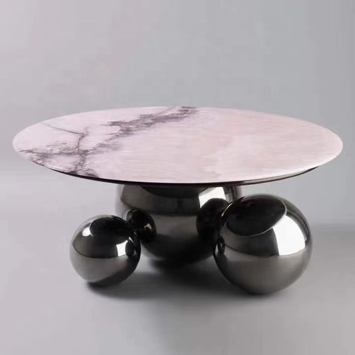 Luxury Italian style round marble top coffee table living room stainless steel ball legs coffee table