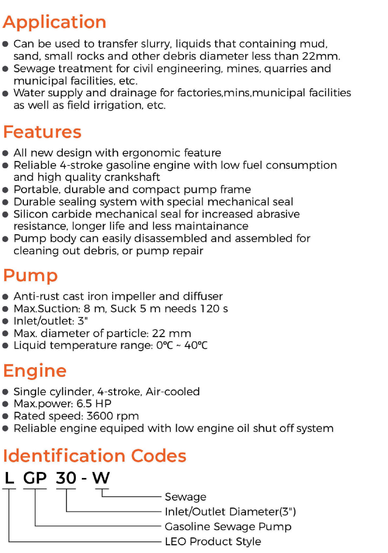 LEO 3 inch Gasoline Engine Dewatering Water Pump Self-priming Sewage Water Pump Slurry Pump