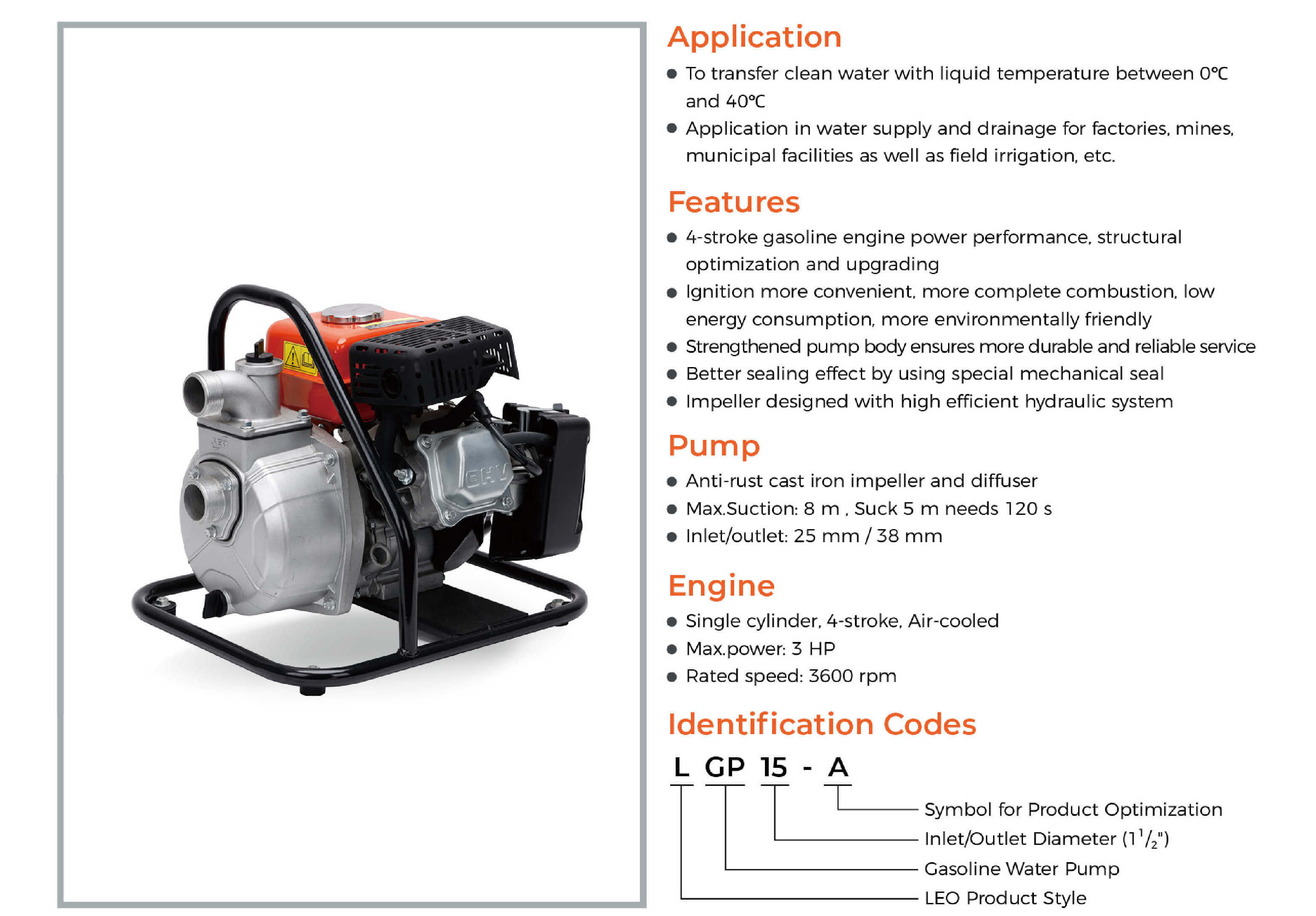 LEO Air-cooled Manual Engine Agricultural Gasoline Water Pump