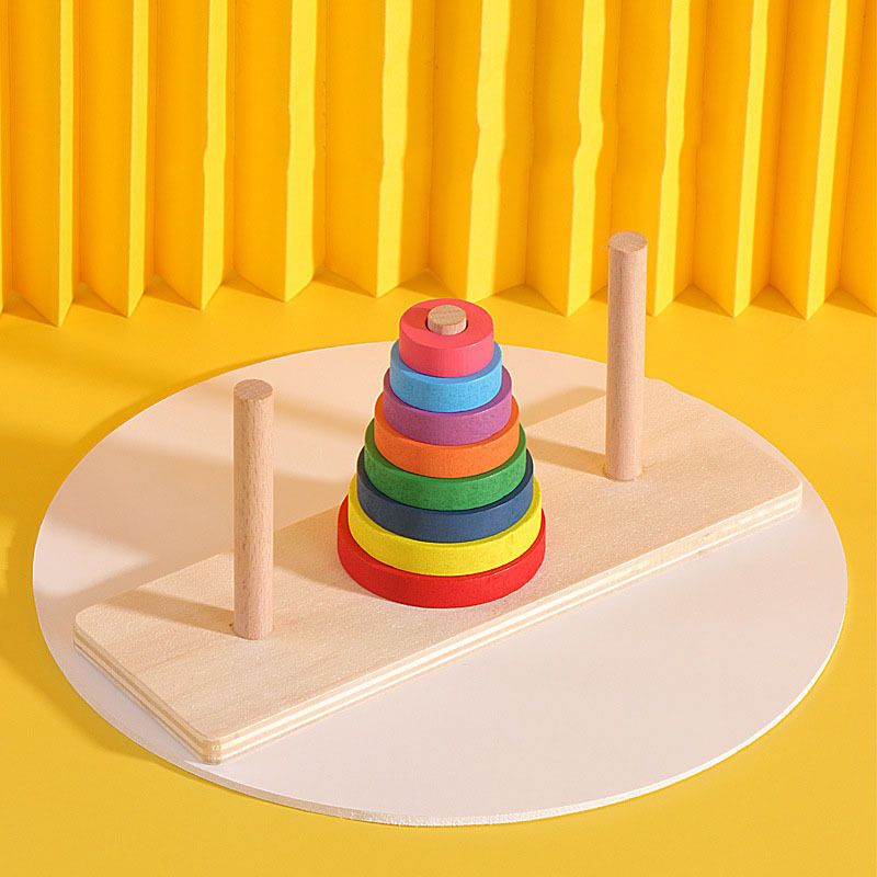 Wooden Tower Of Hanoi Puzzle Game Brain Teaser Three Column Rainbow Stacking Ring Tower Early Learning Educational Toys For Kids