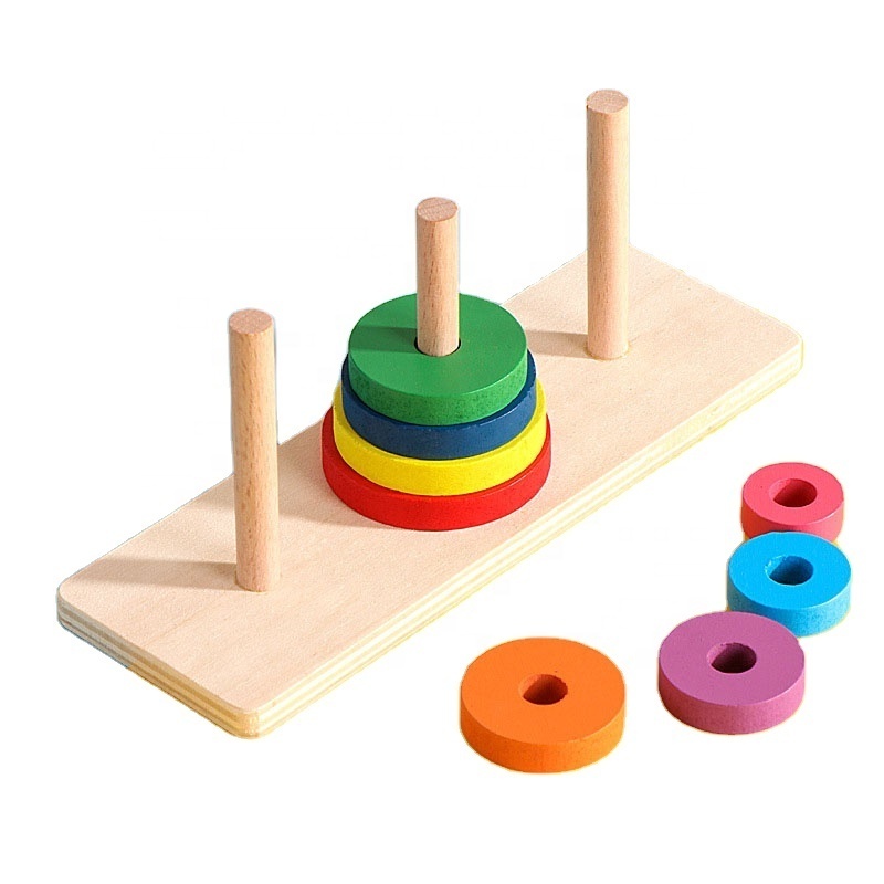 Wooden Tower Of Hanoi Puzzle Game Brain Teaser Three Column Rainbow Stacking Ring Tower Early Learning Educational Toys For Kids