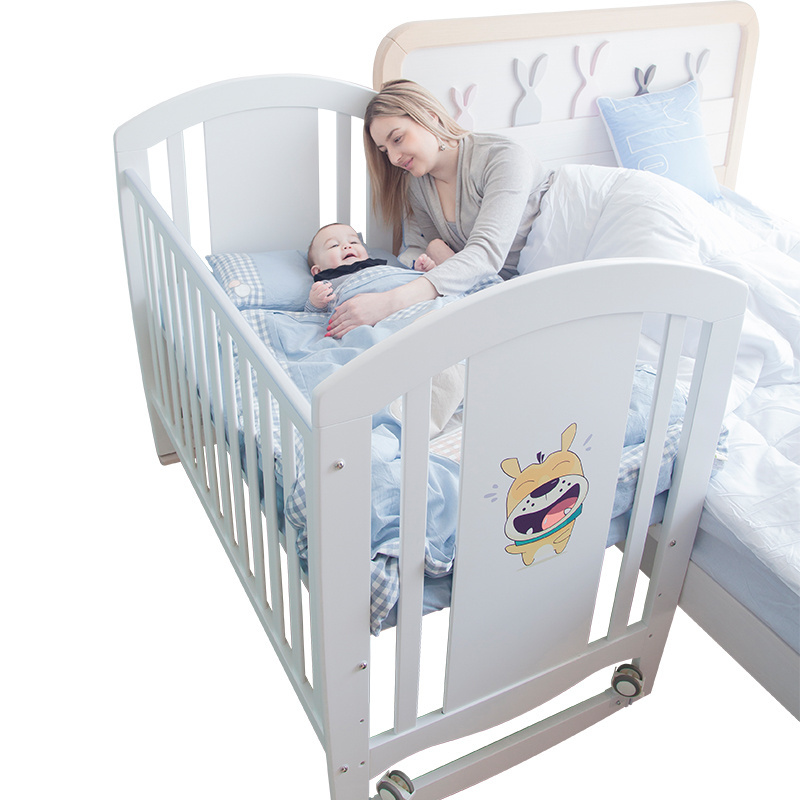 Factory price wooden safety baby crib attached adult bed