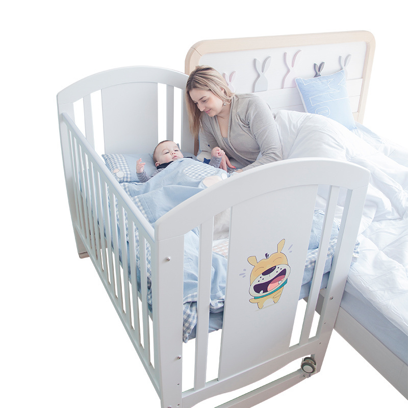 Factory price wooden safety baby crib attached adult bed