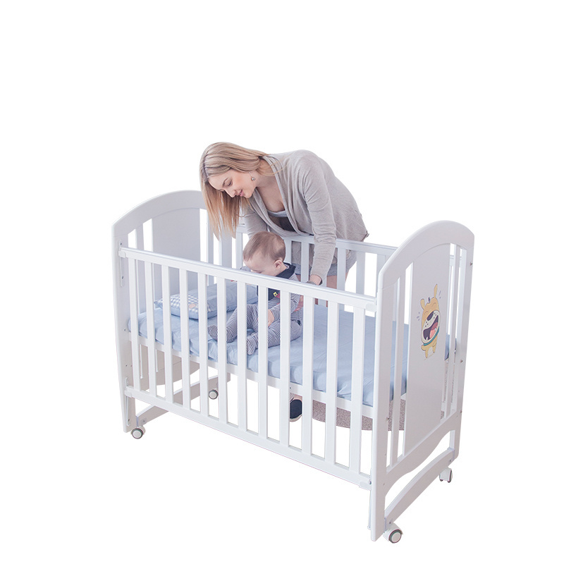 Factory price wooden safety baby crib attached adult bed