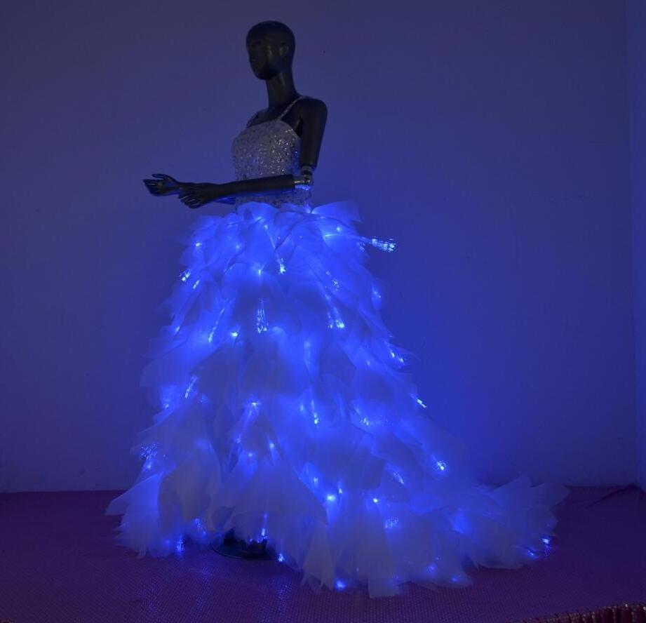 High Quality Light Up Glow In The Dark Blue Led Fiber Optic Party Dress For Women LED Wedding Dress