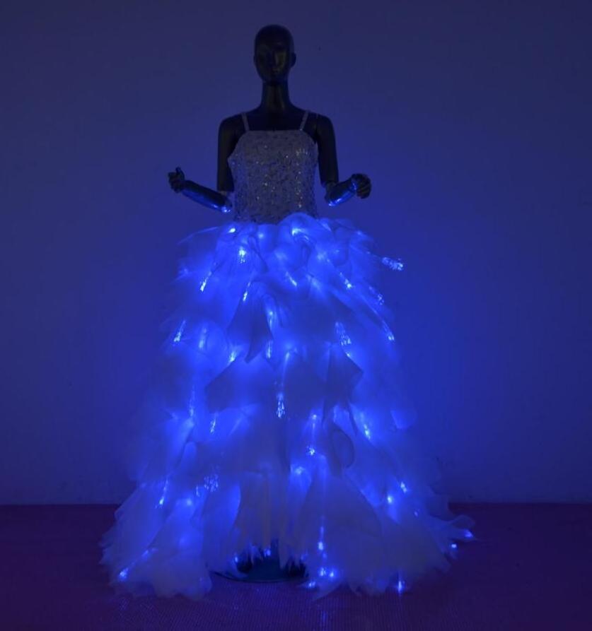 High Quality Light Up Glow In The Dark Blue Led Fiber Optic Party Dress For Women LED Wedding Dress