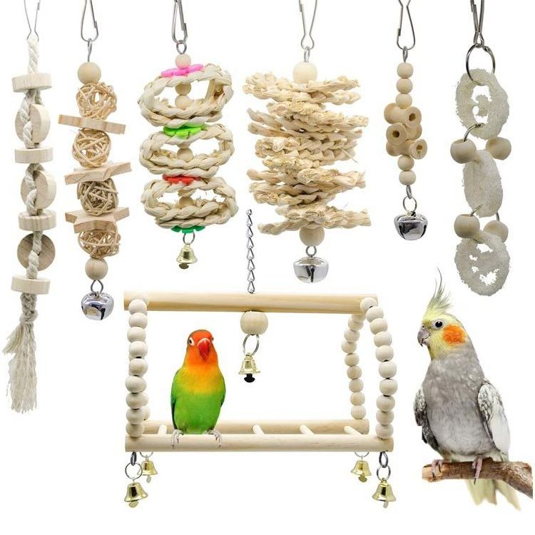 7 Pcs Natural Wood Hanging Bell Suitable for Small Parakeets, Cockatiels, Conure bird toys parrot bird swing toys parrot toys