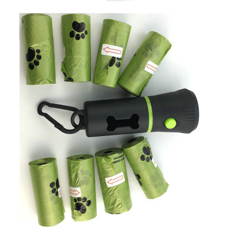 Hot Sell LED Pet Poop Bag Holder Dog Poop Bag Dispenser Green Footprint Bio-degradable Dog Poop Bag With Reusable Flashlight