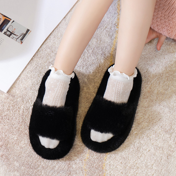 Fashion Cute Plush Cotton One Word Slippers Female Winter Antiskid Kids Fluffy Slippers Indoor Non-slip