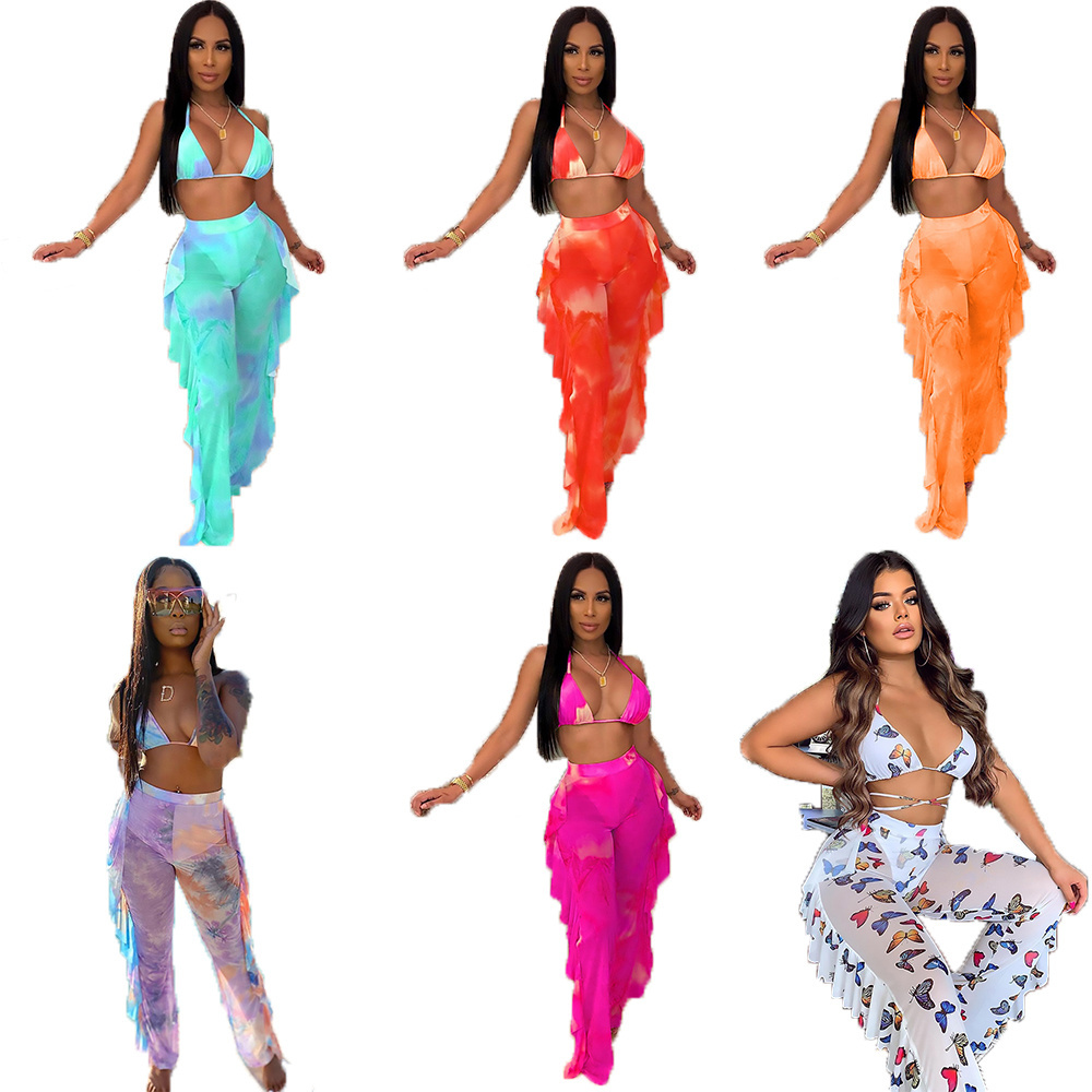 Summer Beach Wear Hot Sale Sexy digital print swimsuit mesh two piece set bikini swimwear for women