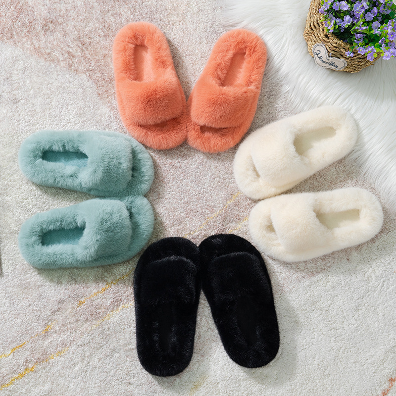 Fashion Cute Plush Cotton One Word Slippers Female Winter Antiskid Kids Fluffy Slippers Indoor Non-slip