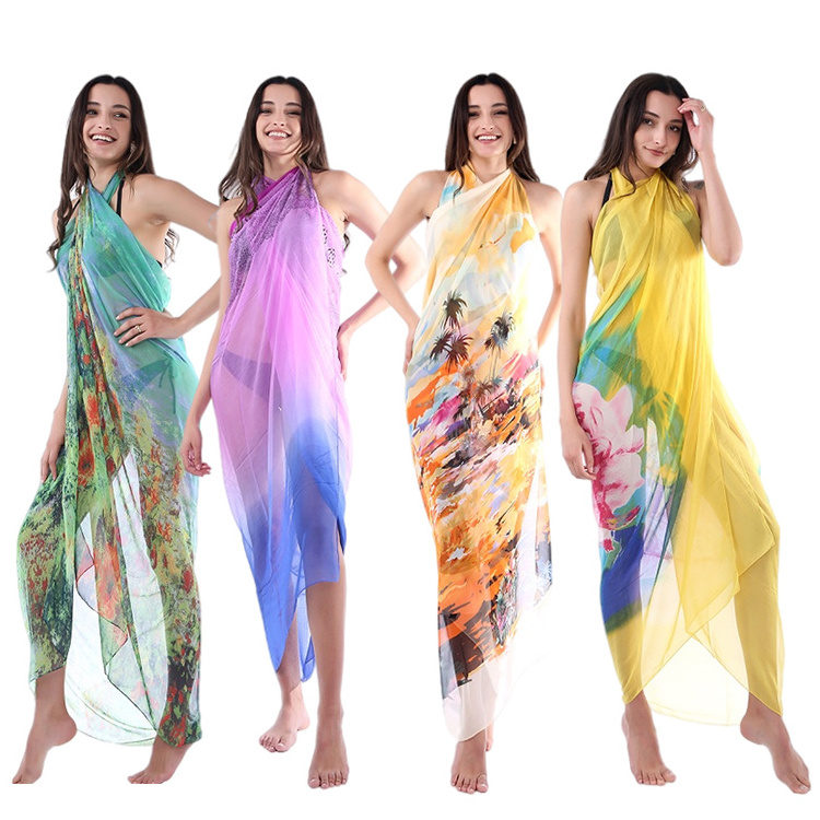 Wholesale 2022 Summer New Custom LOGO Pareo Floral Printed Bali Hawaiian Lavalava Beach Chiffon Beachwear Sarongs