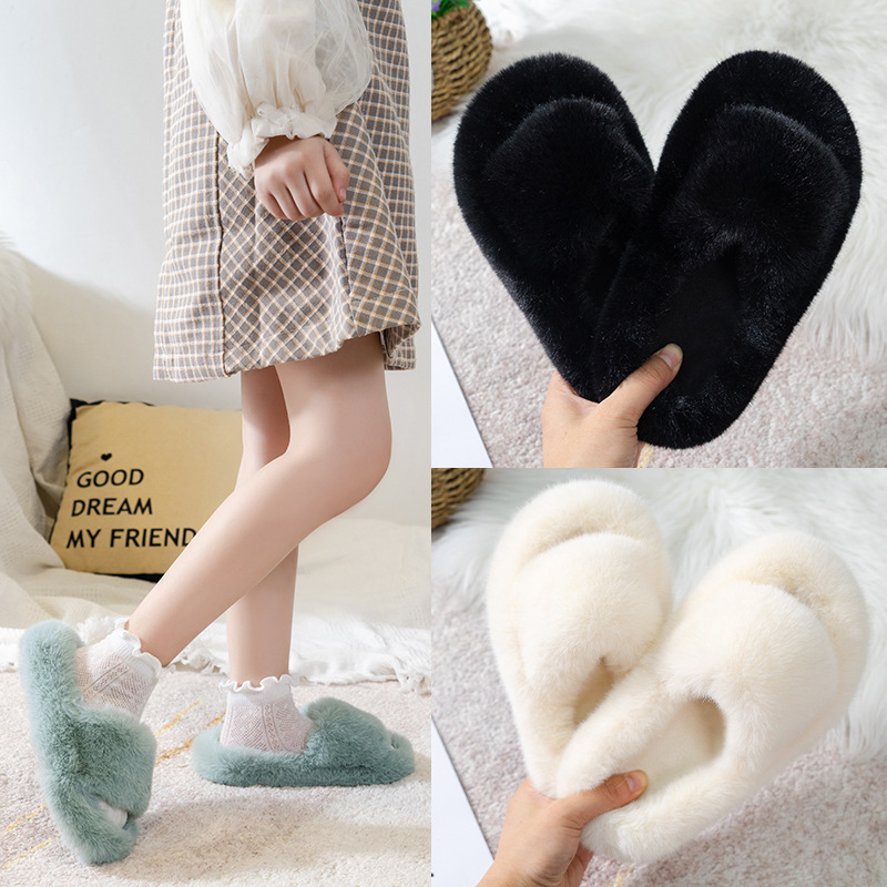 Fashion Cute Plush Cotton One Word Slippers Female Winter Antiskid Kids Fluffy Slippers Indoor Non-slip