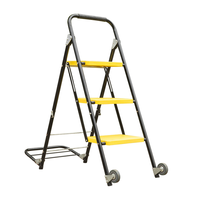 Modern new yellow stainless steel indoor steel ladder with pulleys three-step non-slip with handrails stainless steel ladder