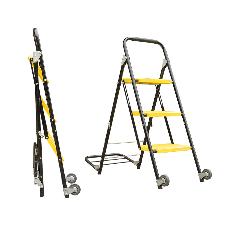 Modern new yellow stainless steel indoor steel ladder with pulleys three-step non-slip with handrails stainless steel ladder