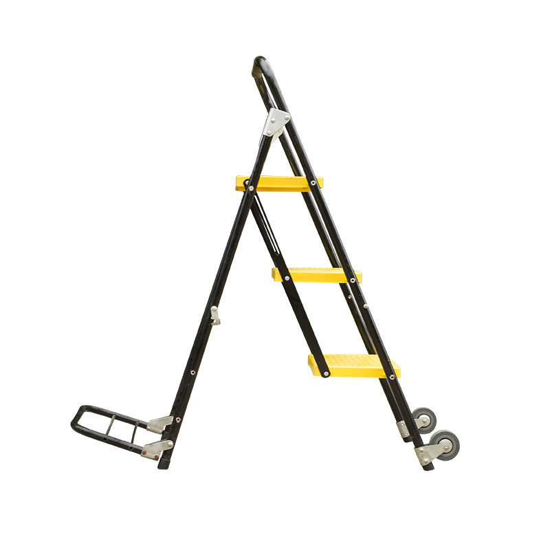 Modern new yellow stainless steel indoor steel ladder with pulleys three-step non-slip with handrails stainless steel ladder