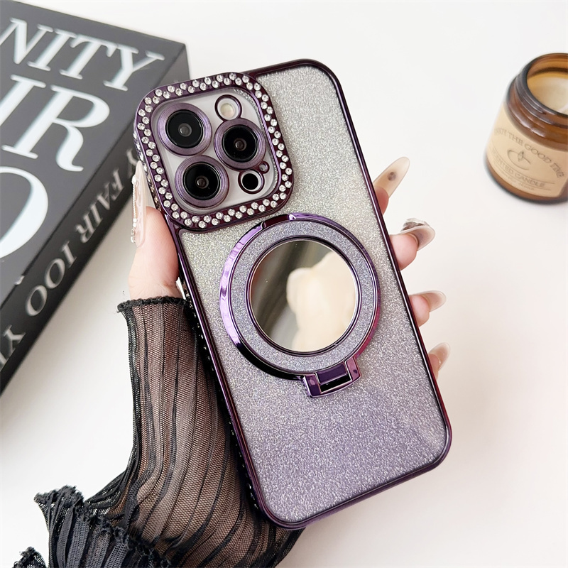 New Gradient Glitter Magnetic Mirror Phone Case for iPhone 15 Pro Max with Stand Holder Protective Cases Mobile Phone Cover