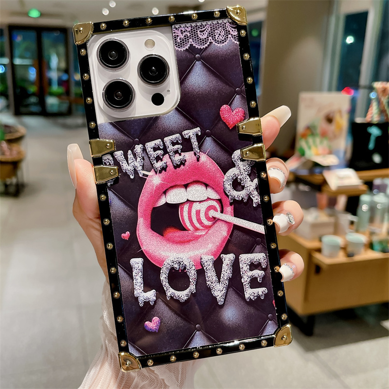 2024 Street Fashion Glitter Love Kiss Pink Lipstick Lip Print Square Phone Cases for Girls for iPhone 15 14 Women Phone Cases