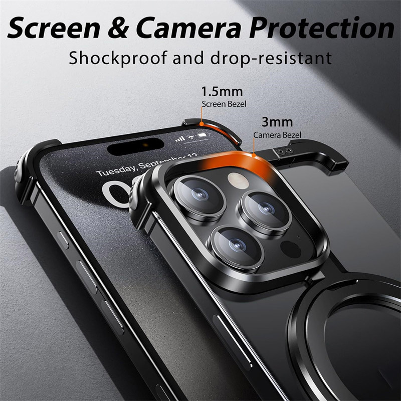 Premium Bare Frame Slim Shockproof Metal Phone Case with Ring Holder Magnetic For iPhone 15Pro Max Mobile Phone Accessories Case