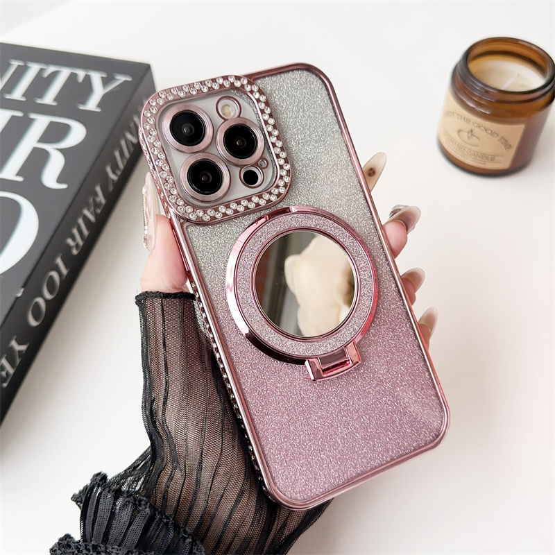 New Gradient Glitter Magnetic Mirror Phone Case for iPhone 15 Pro Max with Stand Holder Protective Cases Mobile Phone Cover