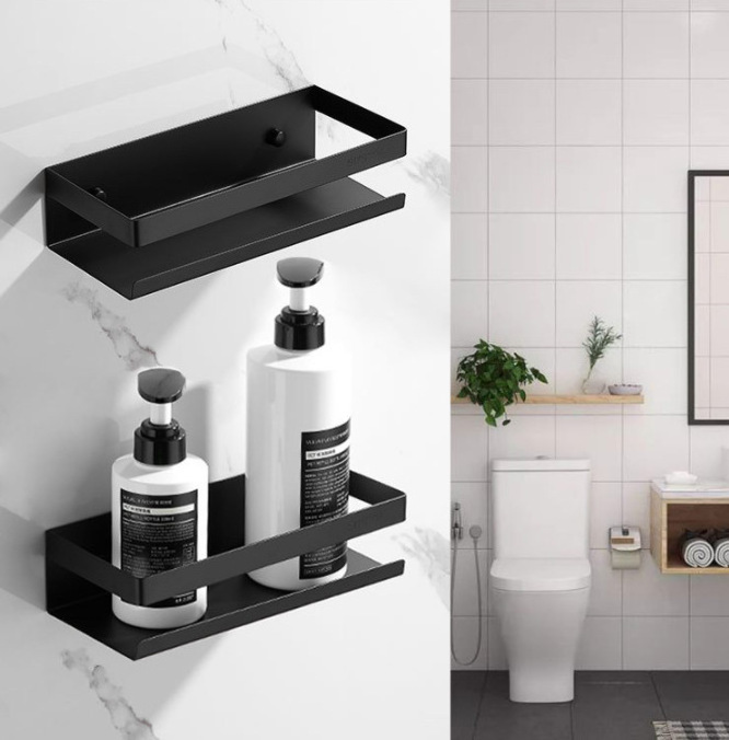 304 Stainless Steel Self Adhesive Shower Shelf Black Shower Caddy With Hooks Bath Storage Shelf