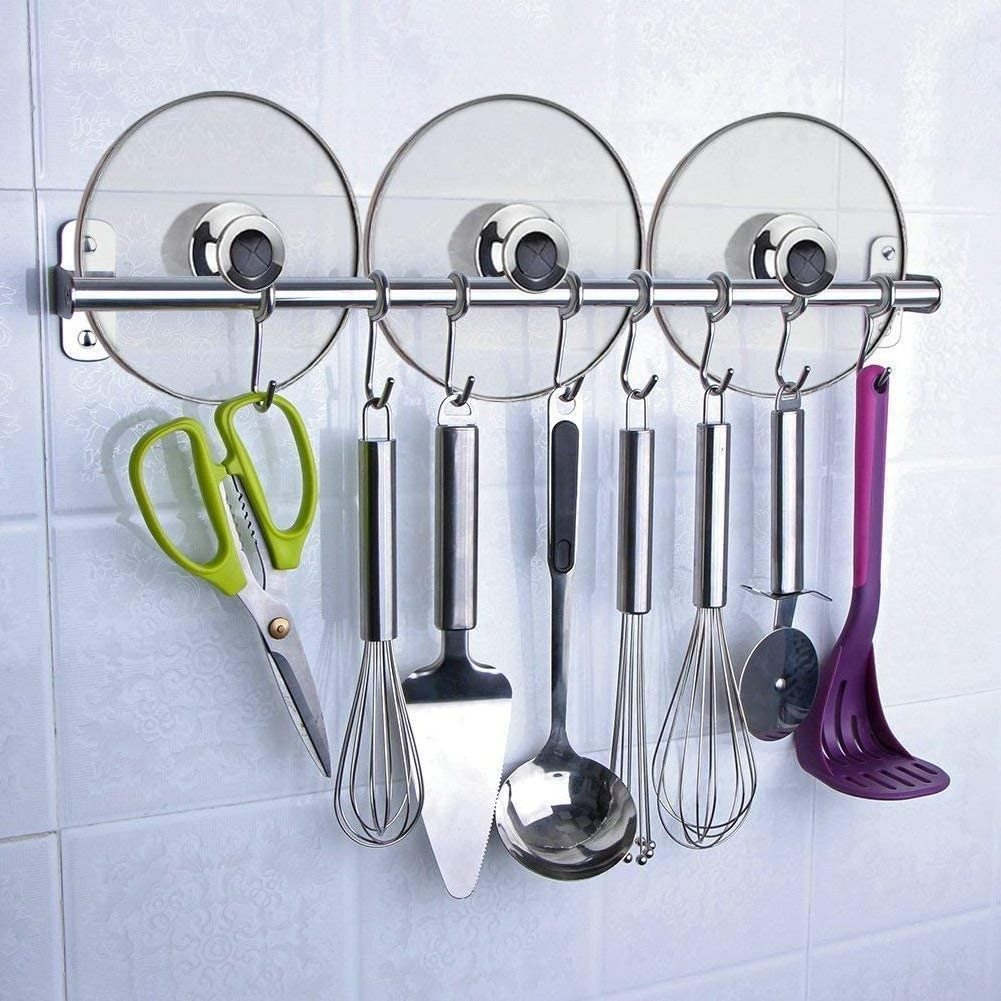 Wall Mounted Rail Rod Industrial Storage Kitchen Sliding S Hook Pot And Pan Holder Kitchen Utensil Organizer Hanging Pot Rack