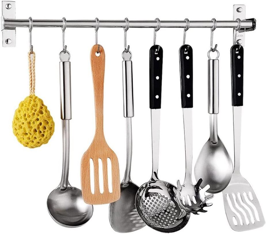 Wall Mounted Rail Rod Industrial Storage Kitchen Sliding S Hook Pot And Pan Holder Kitchen Utensil Organizer Hanging Pot Rack