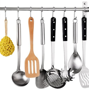 Wall Mounted Rail Rod Industrial Storage Kitchen Sliding S Hook Pot And Pan Holder Kitchen Utensil Organizer Hanging Pot Rack