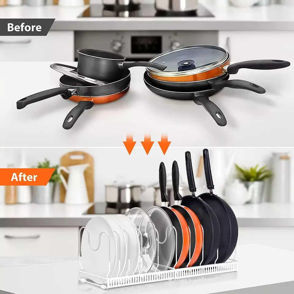 Kitchen Organizer Pans Lid Storage Rack Metal Pan Pot Lid Holder And Organiser Seamless Adjustment Pot Kitchen Rack