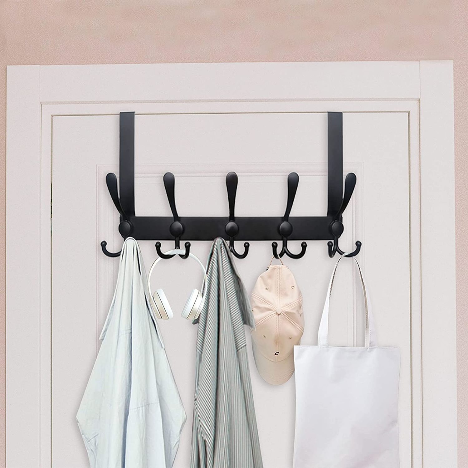 Over The Door Hook Hanger - 6 Hooks Over Door Coat Rack For Hanging Clothes Hat Towel Black