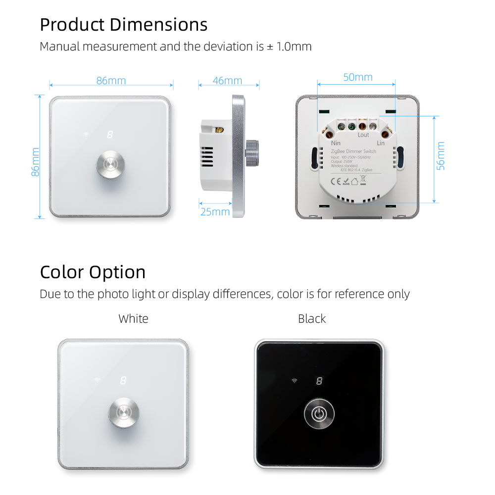 T2-W66 Rotary Dimmable Switch with LCD Screen  EU Standard Work with Smart Life Tuya WiFi Dimmer Switch for Led Bulbs