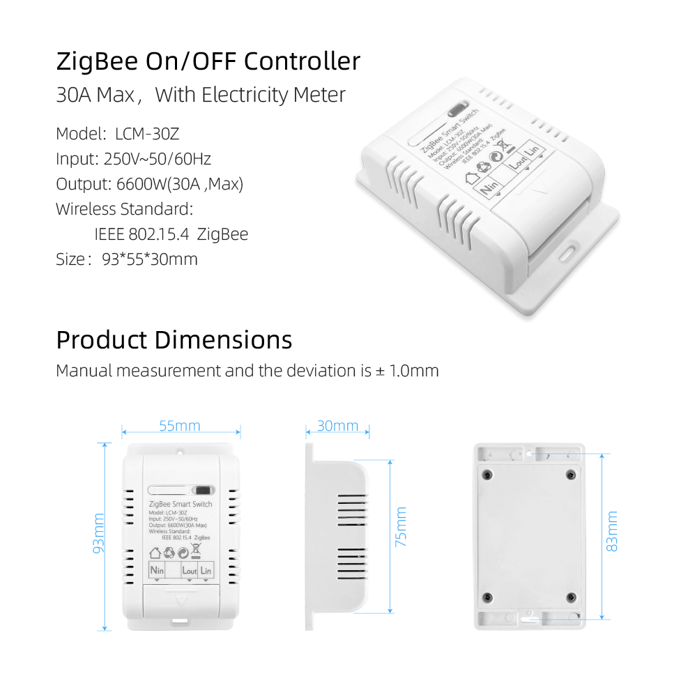 LCM-30Z Tuya Zigbee 30A Mini DIY Switch with Metering Interruptor Inteligente Wet Contact Smart Home AC Electric Circuit Breaker