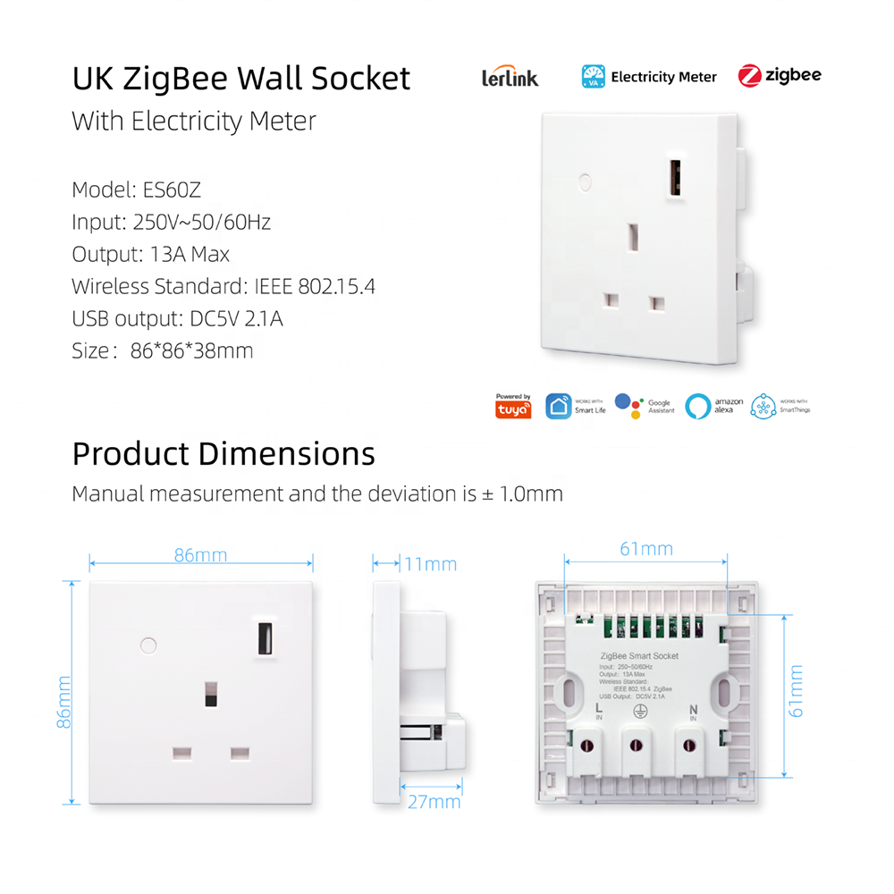 ES60Z Tuya ZigBee 13A Electrical Outlet with Usb Ports Energy Monitor Safety Protection Power Switch UK Smart Power Socket Plug