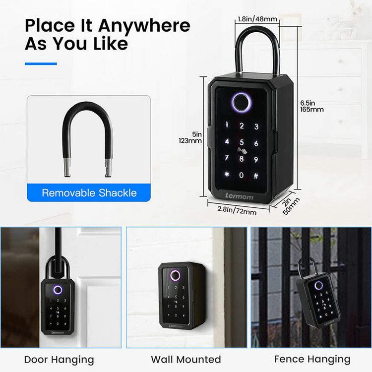 Lermom electric locks Keybox Wall Mounted Lockbox Portable BLE Tuya TTlock APP Fingerprint Smart Key Lock Box