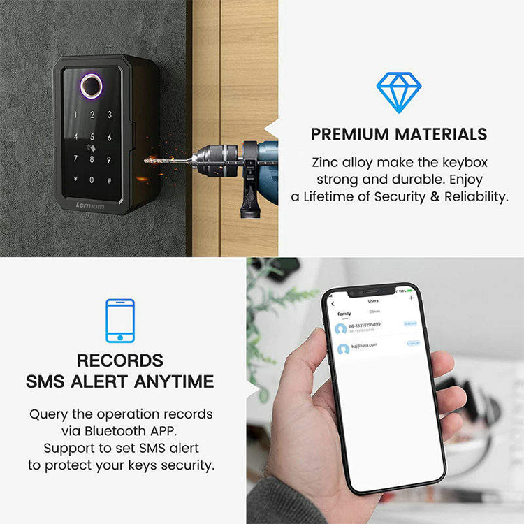 Lermom electric locks Keybox Wall Mounted Lockbox Portable BLE Tuya TTlock APP Fingerprint Smart Key Lock Box