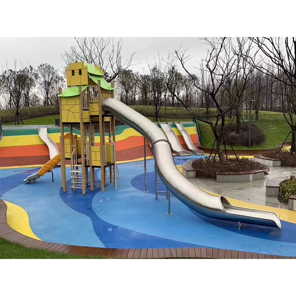 Children's games wooden playhouse kids slide outdoor wood playground fiberglass spiral tube transparent slide