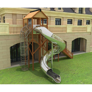 Children's games wooden playhouse kids slide outdoor wood playground fiberglass spiral tube transparent slide