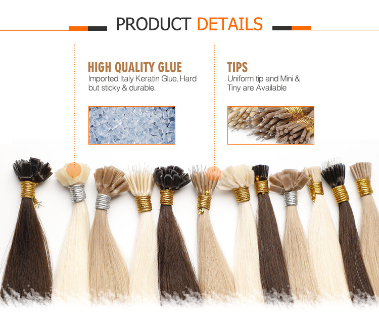 Wholesale Top Quality Unprocessed I-tip Hair Pre-bonded Human Keratin Russian I Tip Hair Extensions