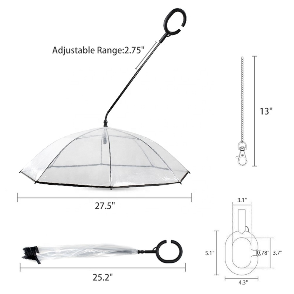 New Design Pet Dog Umbrella with Leash C Shape Handle Transparent Adjustable Angle Umbrella for Pet Raining Days Walking